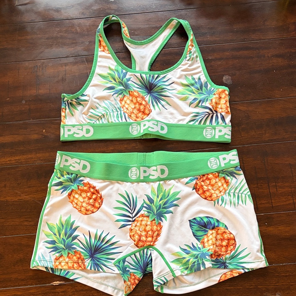 PSD Pineapple Print Sports Bra & Boxer Shorts Set - Green Trim